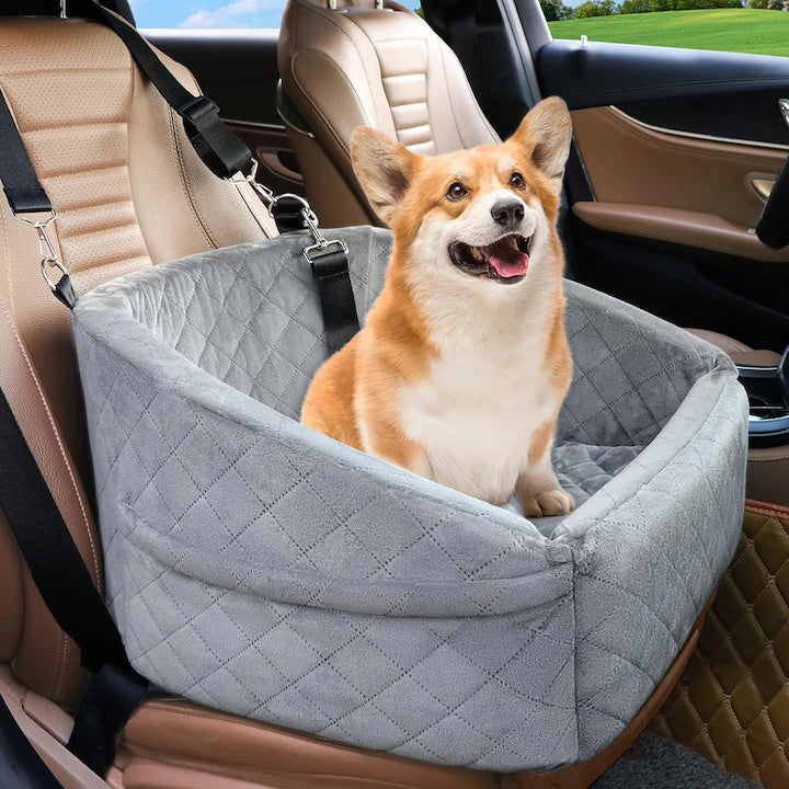 Scaun auto pentru caini NextWave®, detasabil si lavabil, pentru animale de pana la 13, 6 kg, cu centura de siguranta, curele de fixare, umplutura din burete, suprafata moale si buzunare laterale, pentru bancheta fata sau spate, gri, 50 x 49 x 32 cm