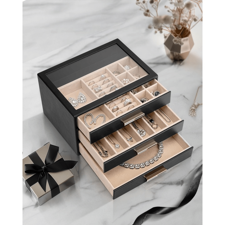 Cutie de bijuterii, organizator cu capac transparent, spatiu de depozitare 3 sertare pentru coliere, inele, cercei, lantisoare, bratari, interior catifelat, compartimentare multipla, piele ecologica neagra, 25 x 18 x 15 cm
