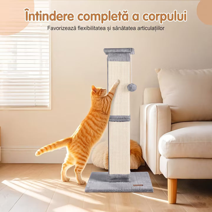 Ansamblu de joaca pentru pisici NextWave®, stalp pentru ascutit ghearelor, bila suspendata, confectionat din sisan natural rezistent la zgarieturi, inaltime mare de 81cm pentru protectia mobilierului, gri deschis