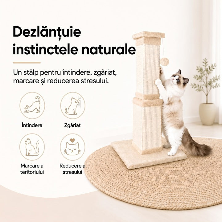 Ansamblu de joaca pentru pisici NextWave®, stalp pentru ascutit ghearelor, bila suspendata, confectionat din sisan natural rezistent la zgarieturi, inaltime mare de 81cm pentru protectia mobilierului, bej