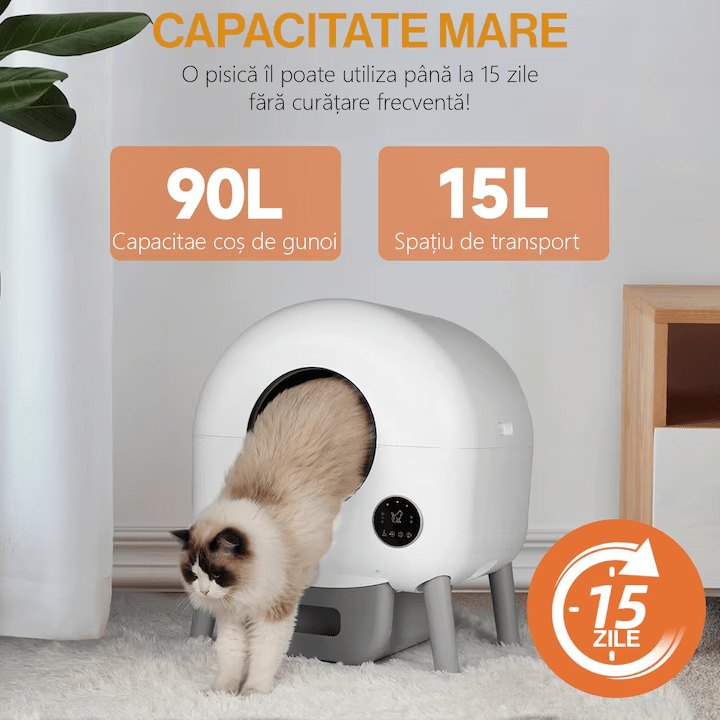 Litiera Automata Smart NextWave® pentru pisica, Auto-Curatare, Aplicatie Mobila, Sterilizare Automata UV, Senzori Ambientali, 76L+ 13L, 3 role saci, alb