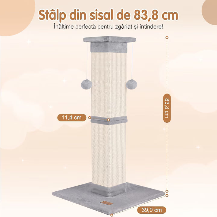 Ansamblu de joaca pentru pisici NextWave®, stalp pentru ascutit ghearelor, bila suspendata, confectionat din sisan natural rezistent la zgarieturi, inaltime mare de 81cm pentru protectia mobilierului, gri deschis