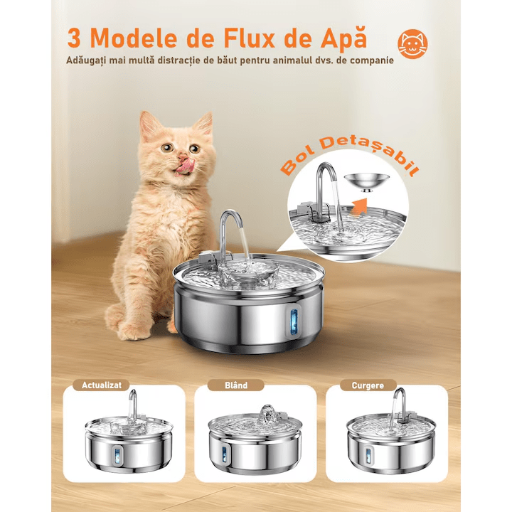 Dispenser apa automat tip fantana NextWave® pentru pisici si caini, cu fereastra pentru nivelul apei, purificare si filtrare prin carbune activ, ultra-silentioasa, otel inoxidabil, capacitate 3.2L, USB, Adaptor Priza, Argintiu
