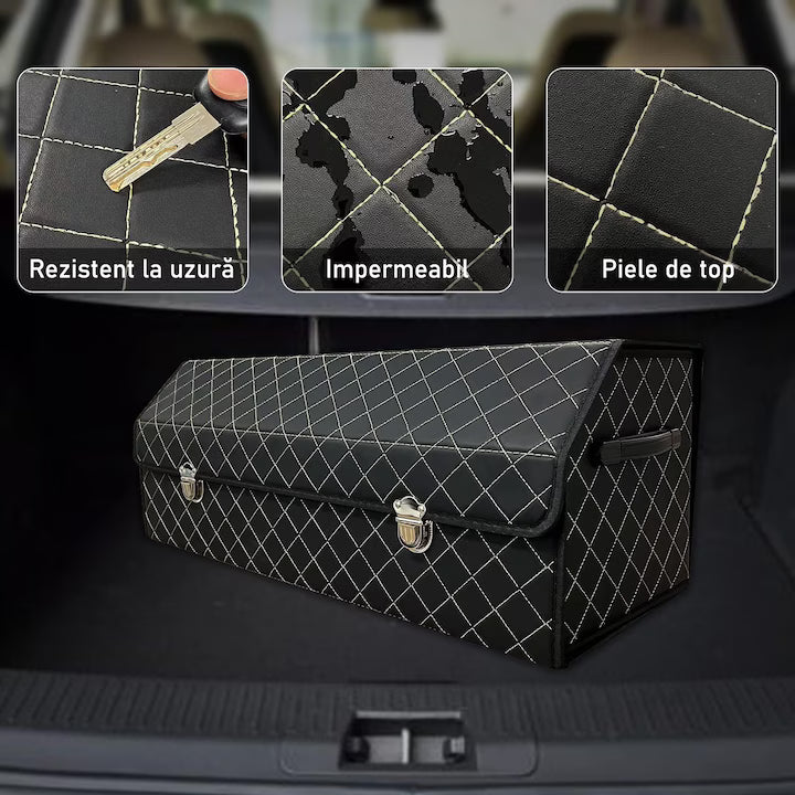Organizator portbagaj auto Premium NextWave®️, Multifunctional, Pliabil, Rezistent, Manere Laterale, Prindere cu catarame, 3 compartimente mari, 75x31x30 cm, alb negru