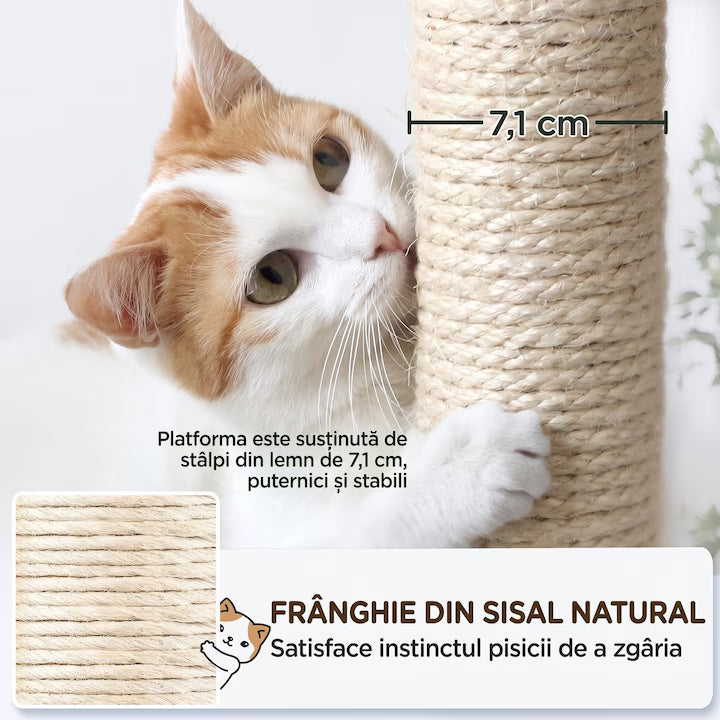 Ansamblu de Joaca pentru Pisici NextWave®, turn etajat stabil cu casuta confortabila, hamac lavabil, rampa si 7 stalpi de zgariat, din PAL, sisal natural si plus moale, pentru pisici mari si medii de interior, 77, 5x48, 3x160 cm, Bej