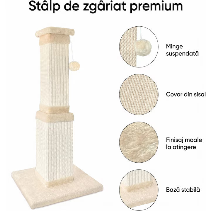 Ansamblu de joaca pentru pisici NextWave®, stalp pentru ascutit ghearelor, bila suspendata, confectionat din sisan natural rezistent la zgarieturi, inaltime mare de 81cm pentru protectia mobilierului, bej
