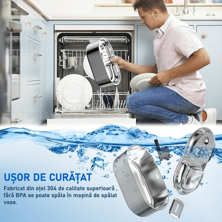 Dispenser apa automat cu Bol pentru mancare NextWave®, 2-1 tip fantana pentru pisici si caini, cu purificare si filtrare prin carbune activ, ultra-silentioasa, otel inoxidabil, capacitate 3L, USB, Argintiu