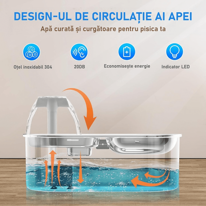Dispenser apa automat cu Bol pentru mancare NextWave®, 2-1 tip fantana pentru pisici si caini, cu purificare si filtrare prin carbune activ, ultra-silentioasa, otel inoxidabil, capacitate 3L, USB, Argintiu