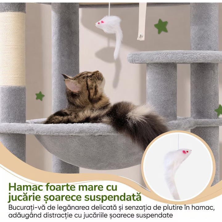 Ansamblu de Joaca pentru Pisici NextWave®, 6 niveluri de catarat si relaxare, casuta spatioasa, hamac mare, stalpi de zgariat si rampa, din lemn prelucrat, plus si sisal, pentru pisici de talie mare, 55 x 45 x 178 cm, Gri deschis