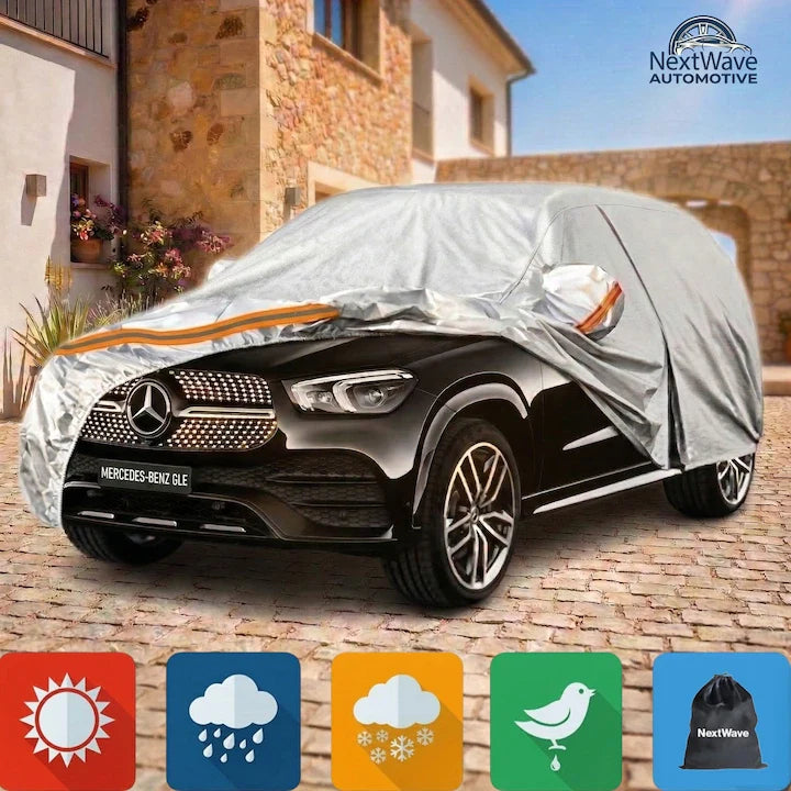 Prelata Auto Premium NextWave®️ PORTOCALIU, Impermeabila, Protectie UV, Praf, Zapada, Inghet, Universala pentru Sedan, Buzunare Oglinzi, Fermoar Usa Sofer, Material Premium, Husa Saculet Depozitare, Portocaliu