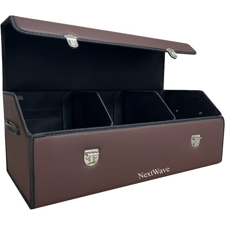 Organizator portbagaj auto Premium NextWave®️, Multifunctional, Pliabil, Rezistent, Manere Laterale, Prindere cu catarame, 3 compartimente mari, 75x31x30 cm, Maro