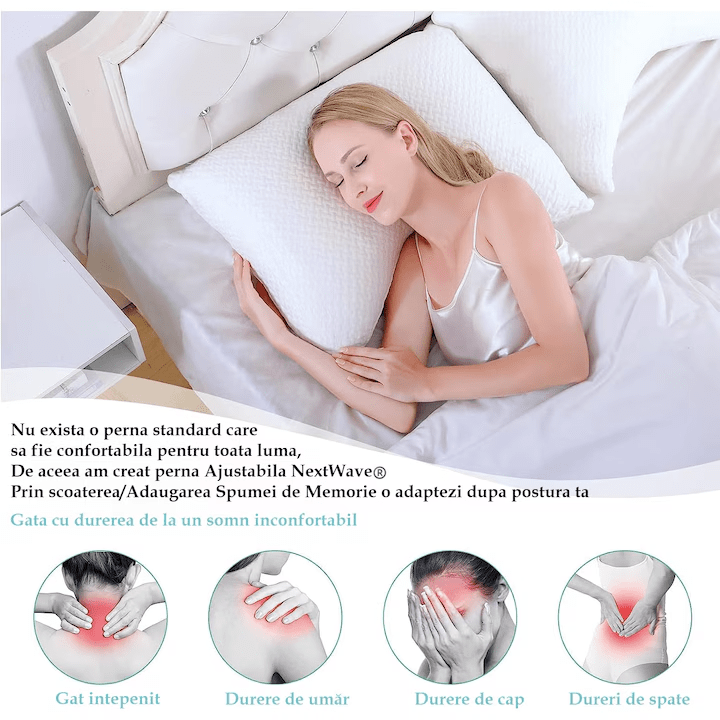 Perna ortopedica pentru dormit ajustabila NextWave®️, Spuma cu Memorie Maruntita pentru Gat si Suport Cervical, 2 Zone de Confort, Husa lavabila, Ideala pentru dormitul lateral, spate sau stomac
