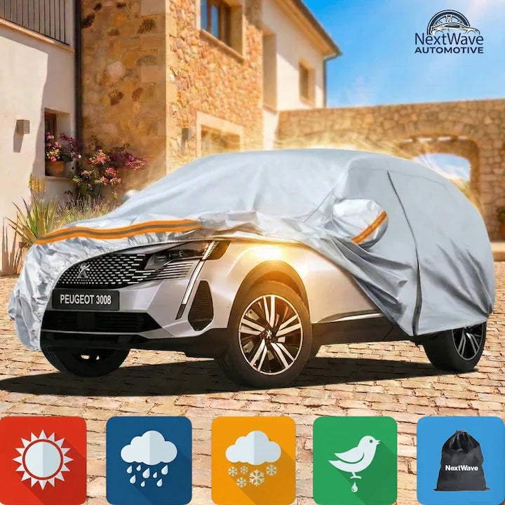 Prelata Auto Premium NextWave®️ PORTOCALIU, Impermeabila, Protectie UV, Praf, Zapada, Inghet, Universala pentru Sedan, Buzunare Oglinzi, Fermoar Usa Sofer, Material Premium, Husa Saculet Depozitare, Portocaliu