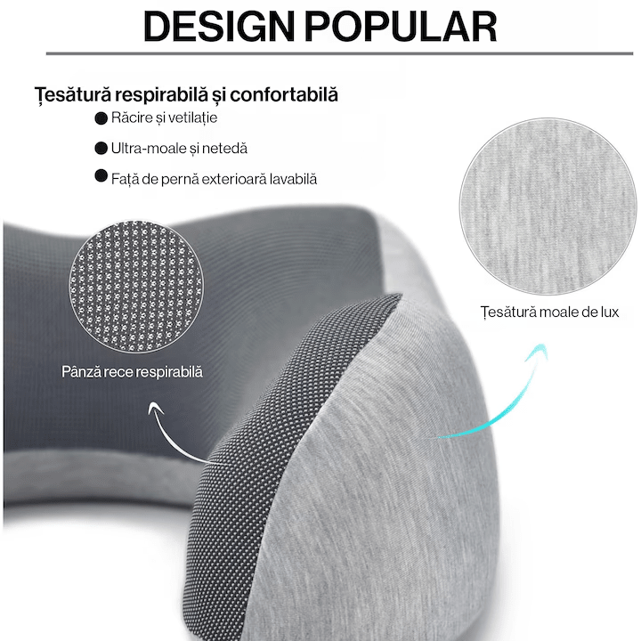 Perna de calatorie NextWave Spuma cu memorie Confort ergonomic pentru drumuri lungi Gri