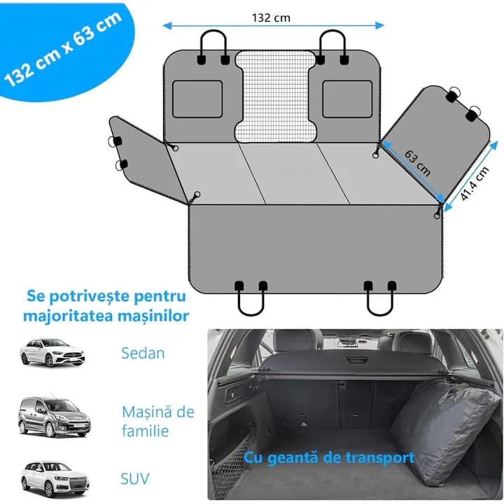 Husa scaune auto, protectie si transport animale extinsa NextWave®️, insertie 3 placi pentru caini, pisici de toate taliile, rezistenta pana la 142 kg, pat animale, ofera protectie bancheta spate autoturism, Universala, Negru