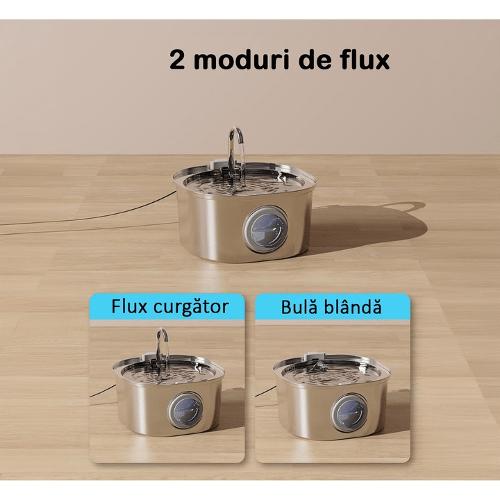 Dispenser apa automat tip fantana pentru pisici si caini NextWave®, cu fereastra mare pentru nivelul apei, purificare si filtrare prin carbune activ, otel inoxidabil, ultra-silentiosa, USB, adaptor priza, capacitate 3.2L