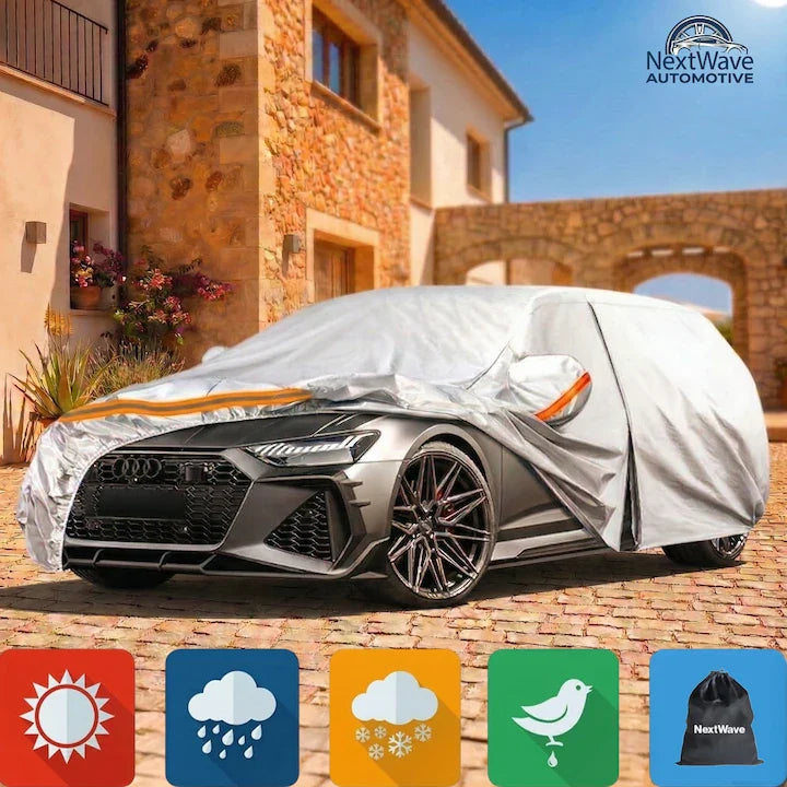 Prelata Auto Premium NextWave®️ PORTOCALIU, Impermeabila, Protectie UV, Praf, Zapada, Inghet, Universala pentru Sedan, Buzunare Oglinzi, Fermoar Usa Sofer, Material Premium, Husa Saculet Depozitare, Portocaliu