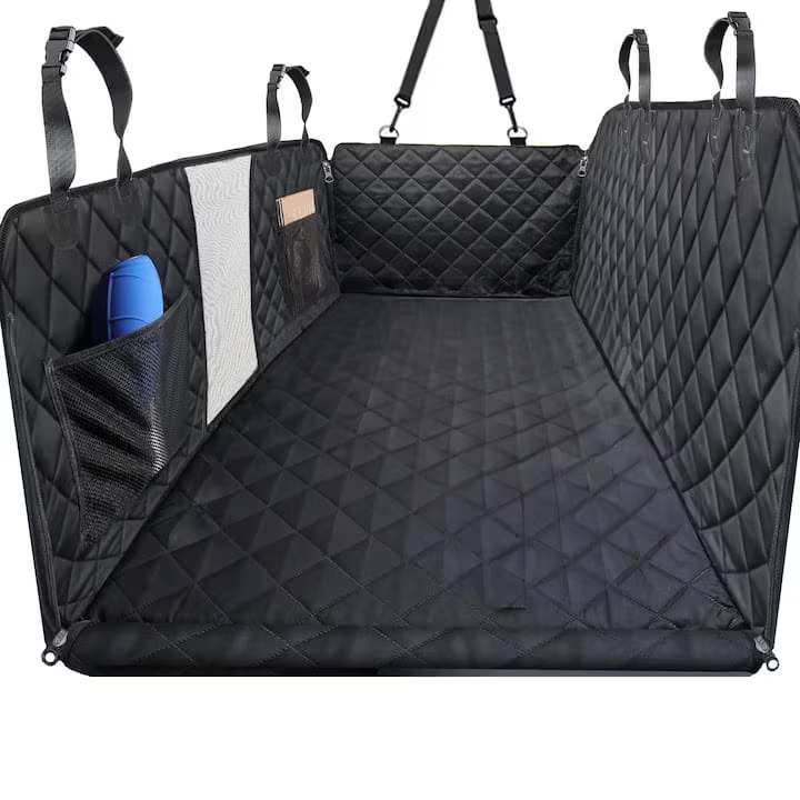 Husa scaune auto, protectie si transport animale extinsa NextWave®️, insertie 3 placi pentru caini, pisici de toate taliile, rezistenta pana la 142 kg, pat animale, ofera protectie bancheta spate autoturism, Universala, Negru