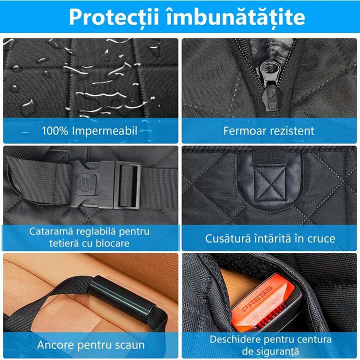 Husa scaune auto, protectie si transport animale extinsa NextWave®️, insertie 3 placi pentru caini, pisici de toate taliile, rezistenta pana la 142 kg, pat animale, ofera protectie bancheta spate autoturism, Universala, Negru
