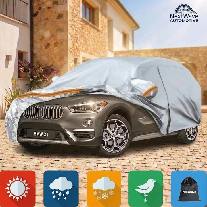 Prelata Auto Premium NextWave®️ PORTOCALIU, Impermeabila, Protectie UV, Praf, Zapada, Inghet, Universala pentru Sedan, Buzunare Oglinzi, Fermoar Usa Sofer, Material Premium, Husa Saculet Depozitare, Portocaliu