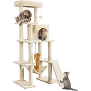 Ansamblu de Joaca pentru Pisici NextWave®, turn etajat stabil cu casuta confortabila, hamac lavabil, rampa si 7 stalpi de zgariat, din PAL, sisal natural si plus moale, pentru pisici mari si medii de interior, 77, 5x48, 3x160 cm, Bej