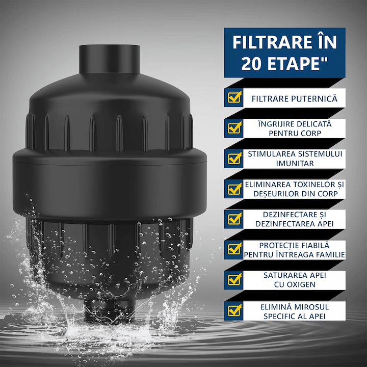 Filtru de apa premium pentru para de dus cu 20 stagii de filtrare, para inclusa, usor de instalat, infuzie de minerale si Vitamina C, elimina Clorul, metalele grele, impuritatile si mirosurile neplacute, purificator apa de baie, 6000 litri, negru