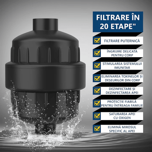 Filtru de apa premium pentru para de dus cu 20 stagii de filtrare, para inclusa, usor de instalat, infuzie de minerale si Vitamina C, elimina Clorul, metalele grele, impuritatile si mirosurile neplacute, purificator apa de baie, 6000 litri, negru
