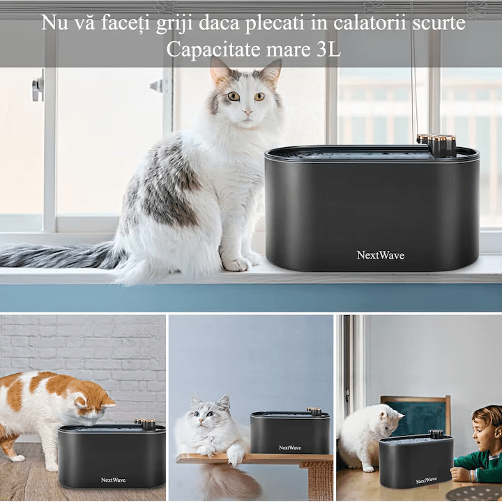 Dispenser apa automat NextWave®, tip fantana pentru pisici si caini, cu purificare si filtrare prin carbune activ, 3L, led luminos, senzor nivel apa, silentios, adaptor priza