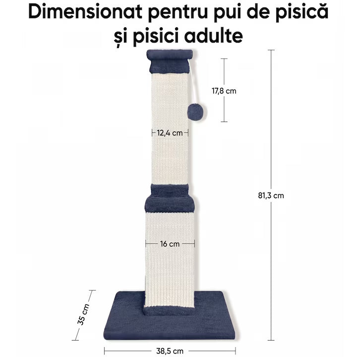 Ansamblu de joaca pentru pisici NextWave®, stalp pentru ascutit ghearelor, bila suspendata, confectionat din sisan natural rezistent la zgarieturi, inaltime mare de 81cm pentru protectia mobilierului, albstru