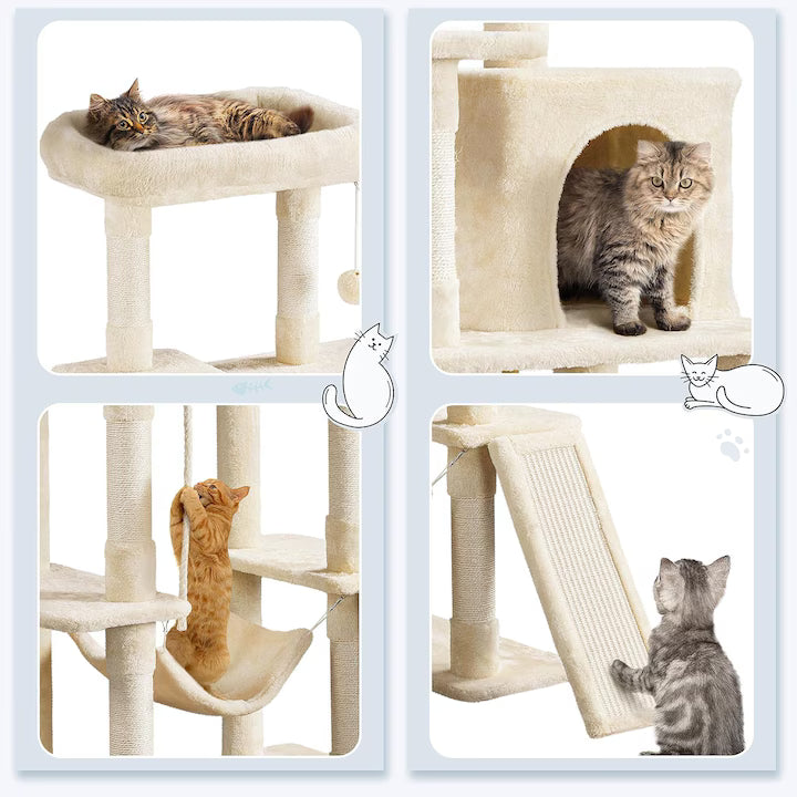 Ansamblu de Joaca pentru Pisici NextWave®, turn etajat stabil cu casuta confortabila, hamac lavabil, rampa si 7 stalpi de zgariat, din PAL, sisal natural si plus moale, pentru pisici mari si medii de interior, 77, 5x48, 3x160 cm, Bej