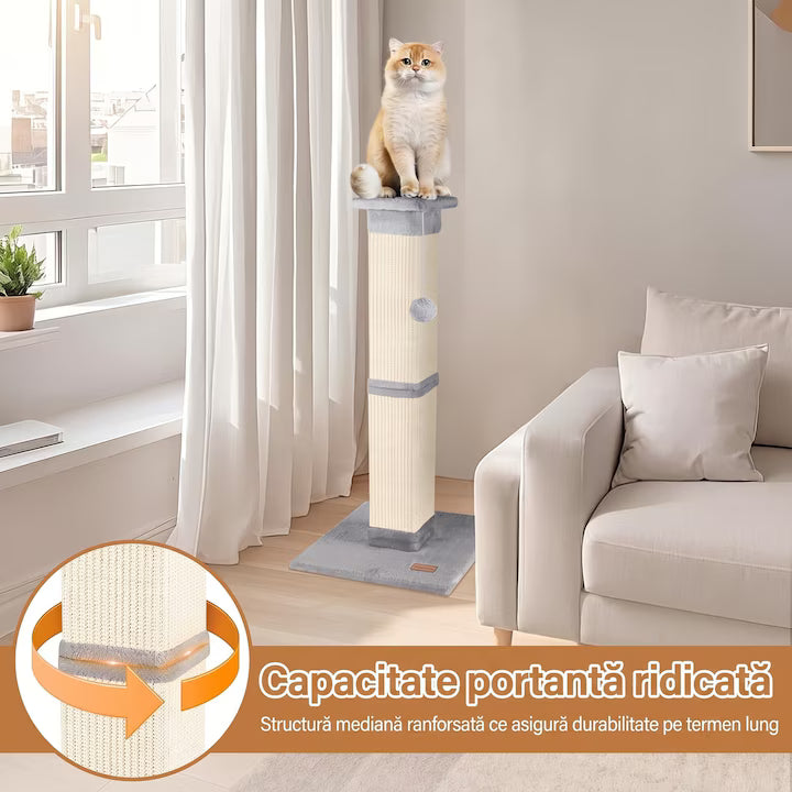 Ansamblu de joaca pentru pisici NextWave®, stalp pentru ascutit ghearelor, bila suspendata, confectionat din sisan natural rezistent la zgarieturi, inaltime mare de 81cm pentru protectia mobilierului, gri deschis