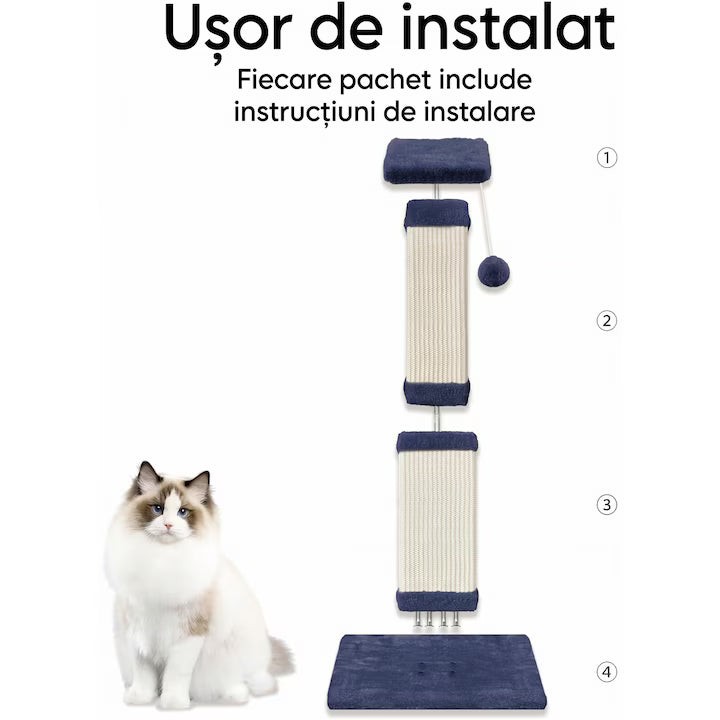Ansamblu de joaca pentru pisici NextWave®, stalp pentru ascutit ghearelor, bila suspendata, confectionat din sisan natural rezistent la zgarieturi, inaltime mare de 81cm pentru protectia mobilierului, albstru