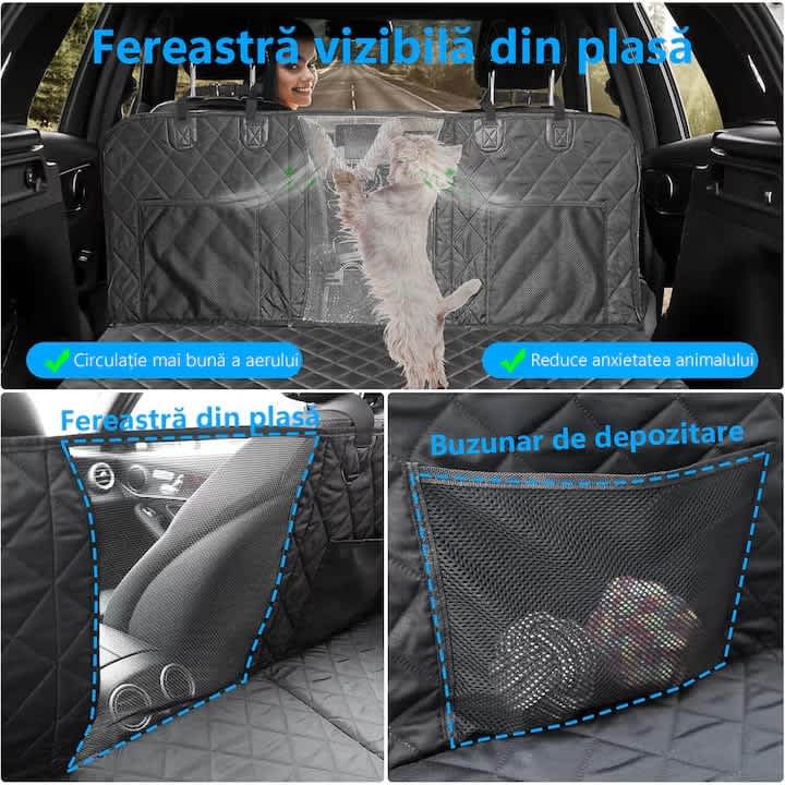 Husa scaune auto, protectie si transport animale extinsa NextWave®️, insertie 3 placi pentru caini, pisici de toate taliile, rezistenta pana la 142 kg, pat animale, ofera protectie bancheta spate autoturism, Universala, Negru
