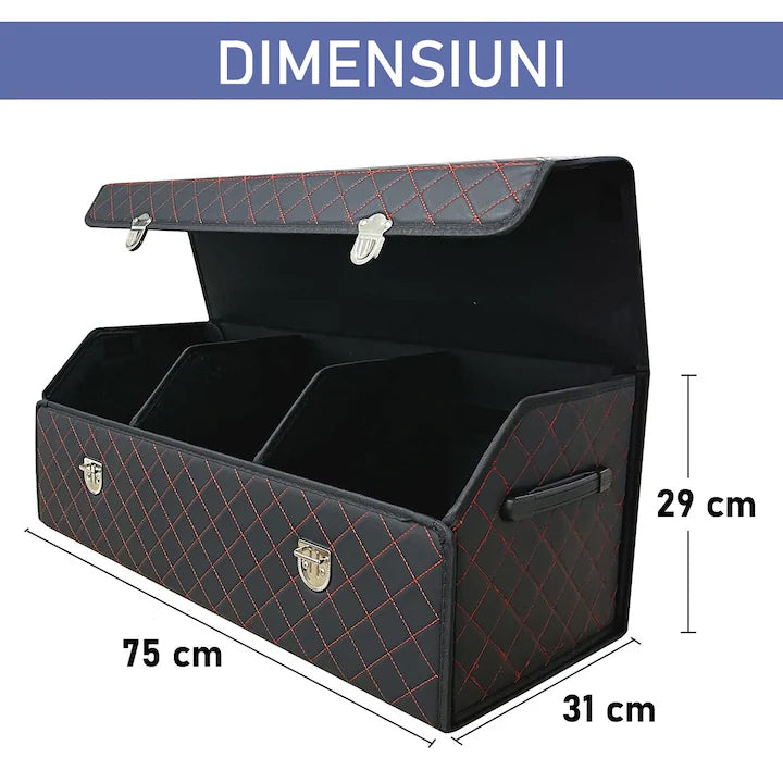 Organizator portbagaj auto Premium NextWave®️, Multifunctional, Pliabil, Rezistent, Manere Laterale, Prindere cu catarame, 3 compartimente mari, 75x31x30 cm, Rosu Negru