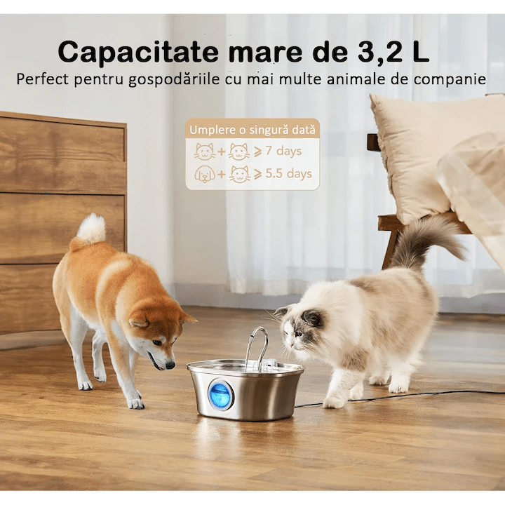 Dispenser apa automat tip fantana pentru pisici si caini, cu fereastra mare pentru nivelul apei, purificare si filtrare prin carbune activ, otel inoxidabil 304, ultra-silentiosa, USB, adaptor priza, capacitate 3.2L, Argintiu