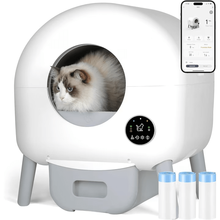 Litiera Automata Smart NextWave® pentru pisica, Auto-Curatare, Aplicatie Mobila, Sterilizare Automata UV, Senzori Ambientali, 76L+ 13L, 3 role saci, alb