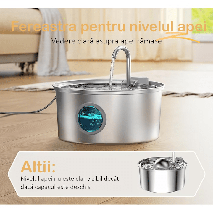 Dispenser apa automat tip fantana NextWave® pentru pisici si caini, cu fereastra mare pentru nivelul apei, purificare si filtrare prin carbune activ, otel inoxidabil 304, ultra-silentiosa, USB, adaptor priza, model rotund, capacitate 3.2L, Argintiu