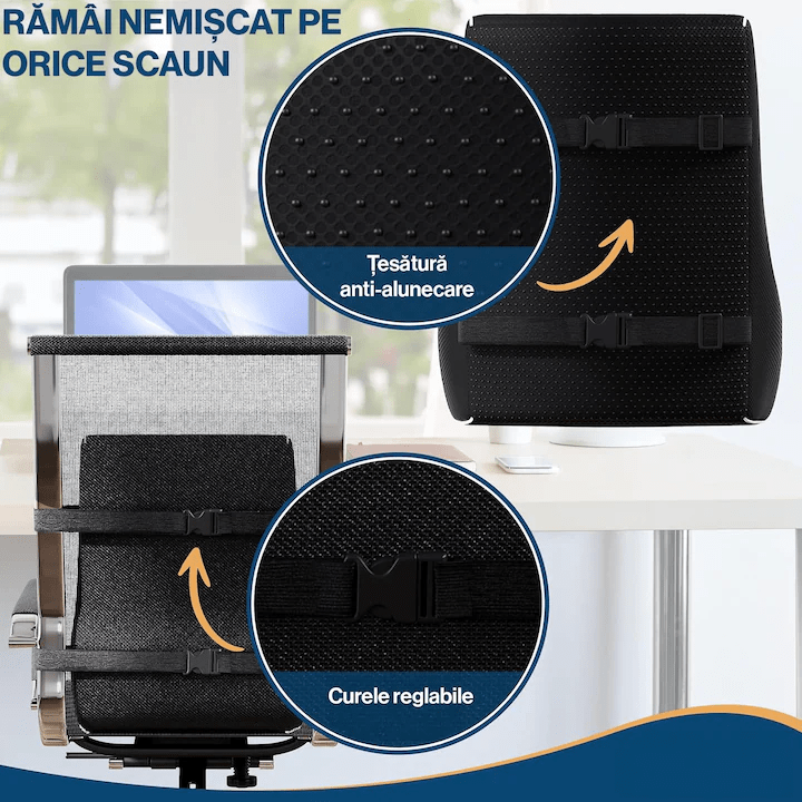 Perna lombara ortopedica NextWave®, din spuma cu memorie, Suport lombar pentru scaun de birou sau masina, Respirabila si Antialunecare, Husa detasabila, Negru, 44 x 40 x 11cm