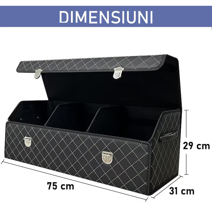 Organizator portbagaj auto Premium NextWave®️, Multifunctional, Pliabil, Rezistent, Manere Laterale, Prindere cu catarame, 3 compartimente mari, 75x31x30 cm, alb negru