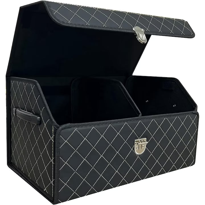 Organizator portbagaj auto Premium NextWave®️, Multifunctional, Pliabil, Rezistent, Manere Laterale, Prindere cu catarame, 3 compartimente mari, 75x31x30 cm, alb negru