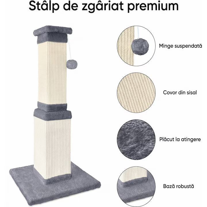 Ansamblu de joaca pentru pisici NextWave®, stalp pentru ascutit ghearelor, bila suspendata, confectionat din sisan natural rezistent la zgarieturi, inaltime mare pentru protectia mobilierului