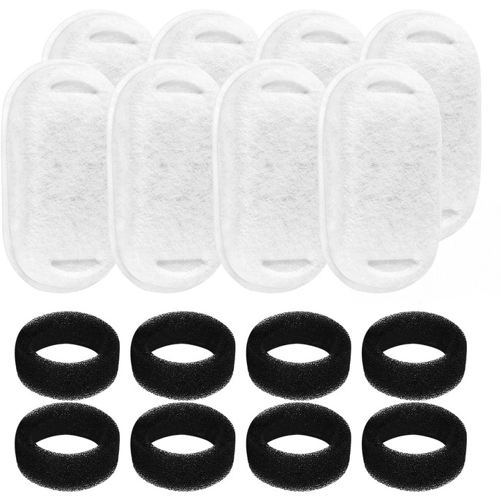 Set 16 filtre de rezerva pentru dispenser de apa tip adapator, fantana pentru pisici si caini NextWave®️ din Inox, purificare, elimina eficient impuritatile si firele de par, carbon activ, 8 filtre de bumbac si 8 bureti prefiltranti