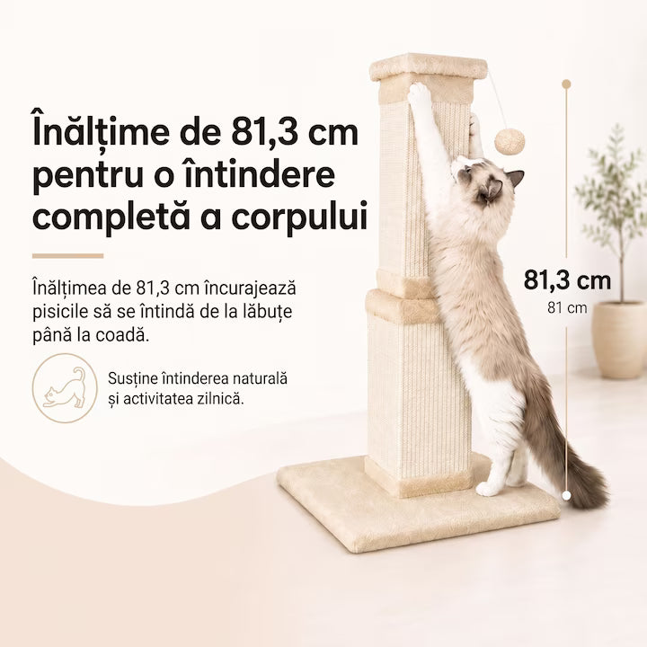 Ansamblu de joaca pentru pisici NextWave®, stalp pentru ascutit ghearelor, bila suspendata, confectionat din sisan natural rezistent la zgarieturi, inaltime mare de 81cm pentru protectia mobilierului, bej