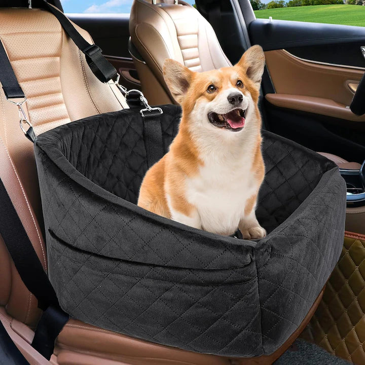 Scaun auto pentru caini NextWave®, detasabil si lavabil, pentru animale de pana la 13, 6 kg, cu centura de siguranta, curele de fixare, umplutura din burete, suprafata moale si buzunare laterale, pentru bancheta fata sau spate, gri, 50 x 49 x 32 cm