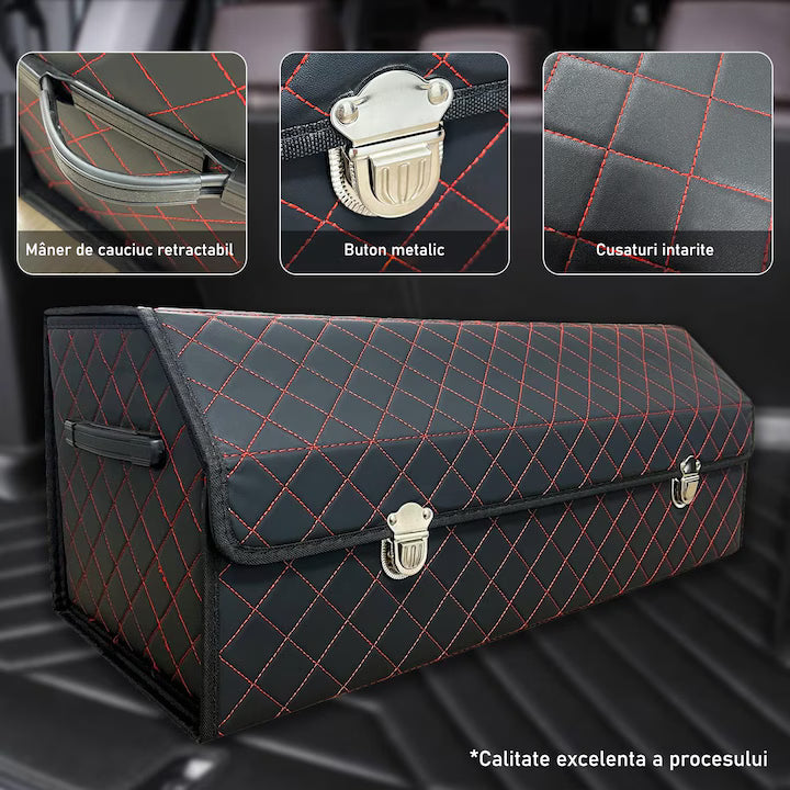 Organizator portbagaj auto Premium NextWave®️, Multifunctional, Pliabil, Rezistent, Manere Laterale, Prindere cu catarame, 3 compartimente mari, 75x31x30 cm, Rosu Negru