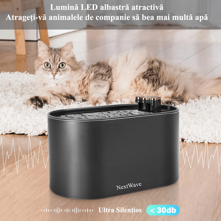 Dispenser apa automat NextWave®, tip fantana pentru pisici si caini, cu purificare si filtrare prin carbune activ, 3L, led luminos, senzor nivel apa, silentios, adaptor priza