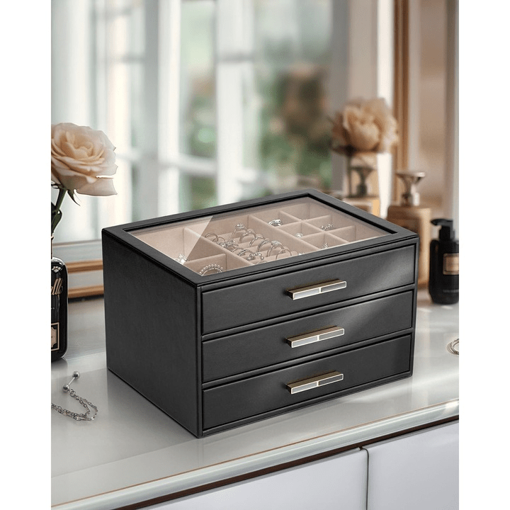 Cutie de bijuterii, organizator cu capac transparent, spatiu de depozitare 3 sertare pentru coliere, inele, cercei, lantisoare, bratari, interior catifelat, compartimentare multipla, piele ecologica neagra, 25 x 18 x 15 cm