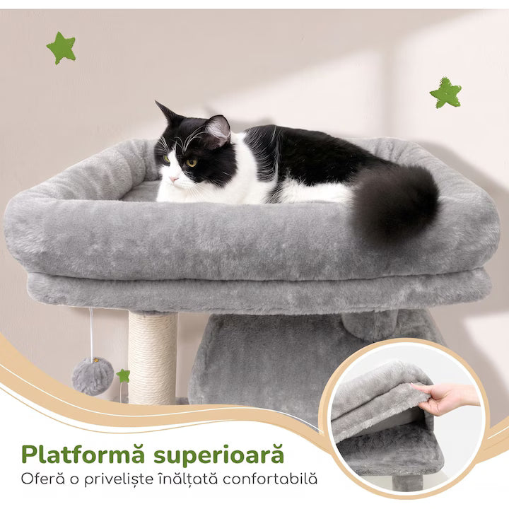 Ansamblu de Joaca pentru Pisici NextWave®, 6 niveluri de catarat si relaxare, casuta spatioasa, hamac mare, stalpi de zgariat si rampa, din lemn prelucrat, plus si sisal, pentru pisici de talie mare, 55 x 45 x 178 cm, Gri deschis