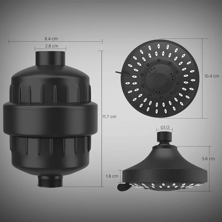 Filtru de apa premium pentru para de dus cu 20 stagii de filtrare, para inclusa, usor de instalat, infuzie de minerale si Vitamina C, elimina Clorul, metalele grele, impuritatile si mirosurile neplacute, purificator apa de baie, 6000 litri, negru