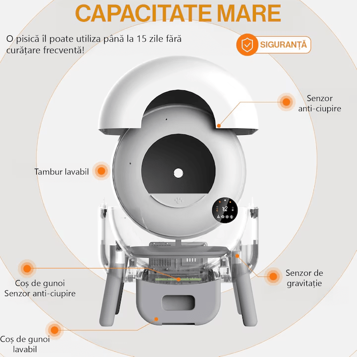 Litiera Automata Smart NextWave® pentru pisica, Auto-Curatare, Aplicatie Mobila, Sterilizare Automata UV, Senzori Ambientali, 76L+ 13L, 3 role saci, alb